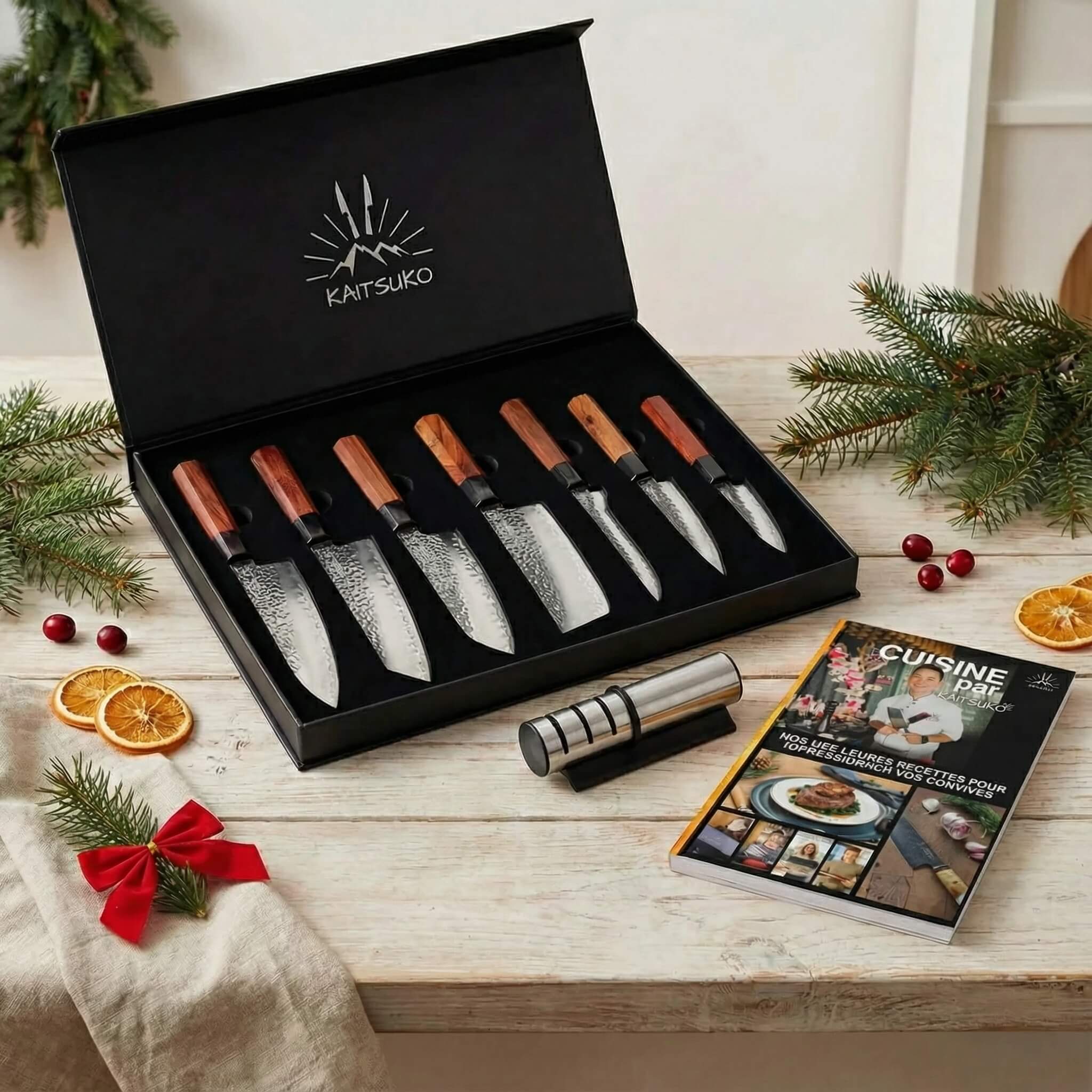 Coffret Expert Samouraï - (1 pack complet de 7 couteaux komodo + 1 aiguiseur pro offert + livre Kaitsuko offert)
