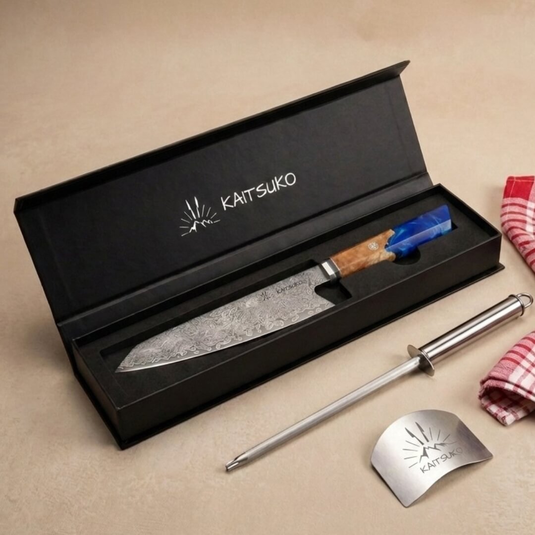 Coffret prestige kiritsuke japonais manche bleu et accessoires offerts