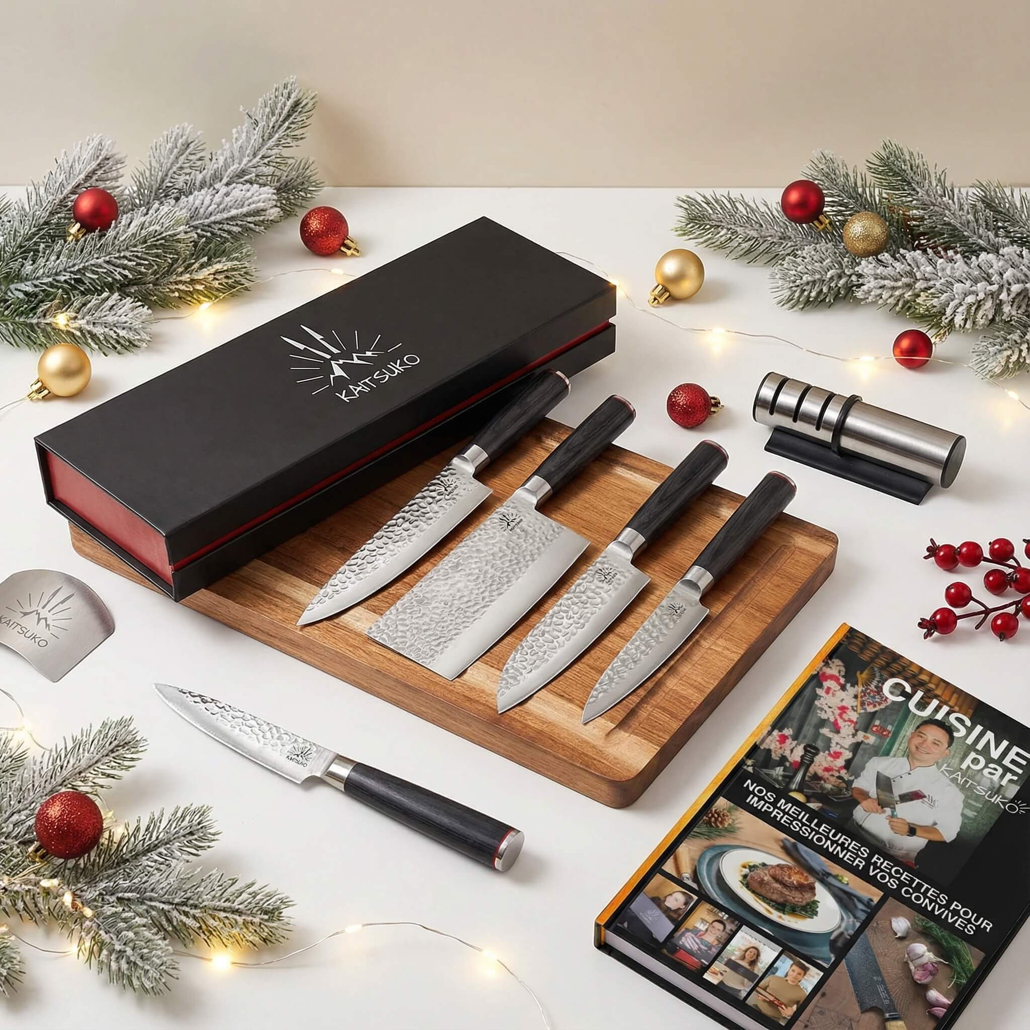 Pack Complet des Chefs*** (5 couteaux Japonais martelés + 1 Planche + 1 Aiguiseur Pro + 1 Livre Kaitsuko)