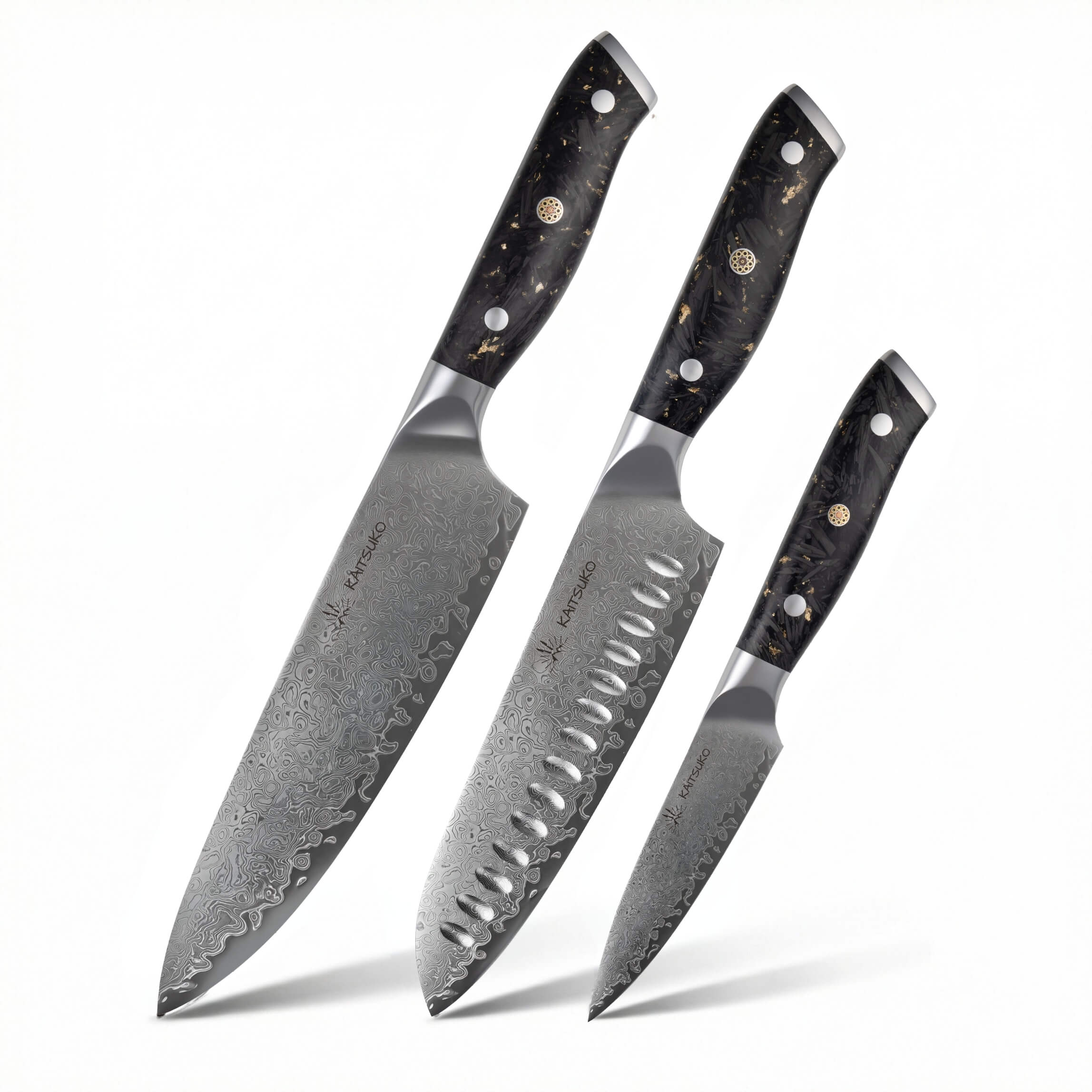 Set de 3 couteaux Yakumoto acier damas manche carbon gold