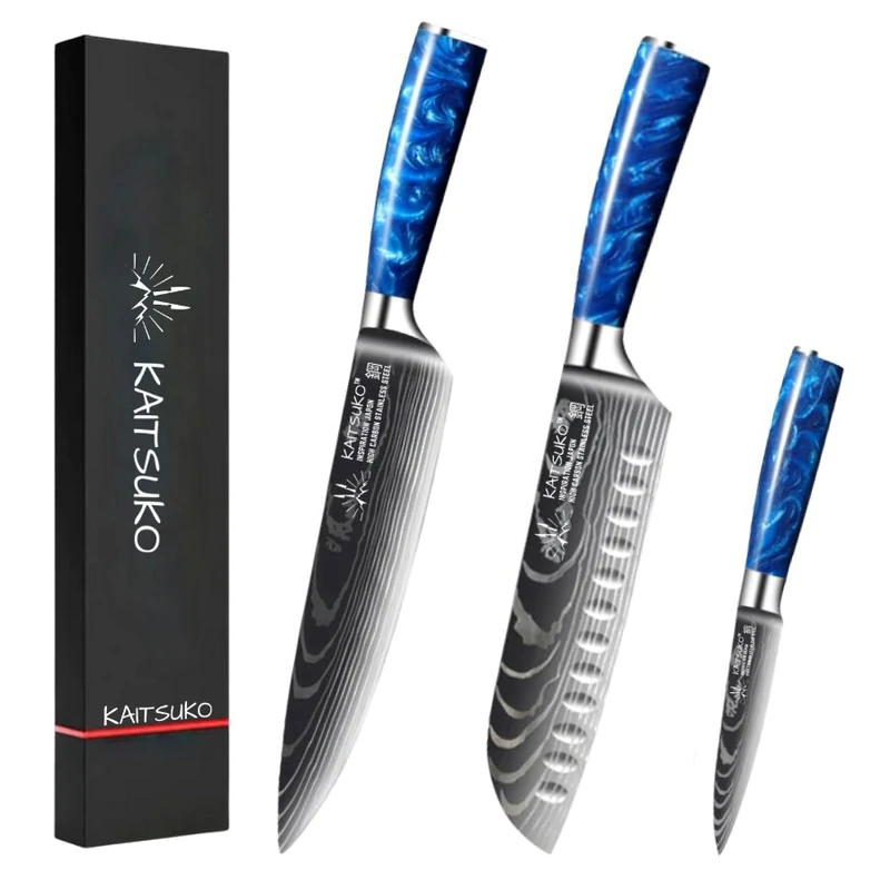 Set de 3 couteaux de cuisine japonais manche bleu