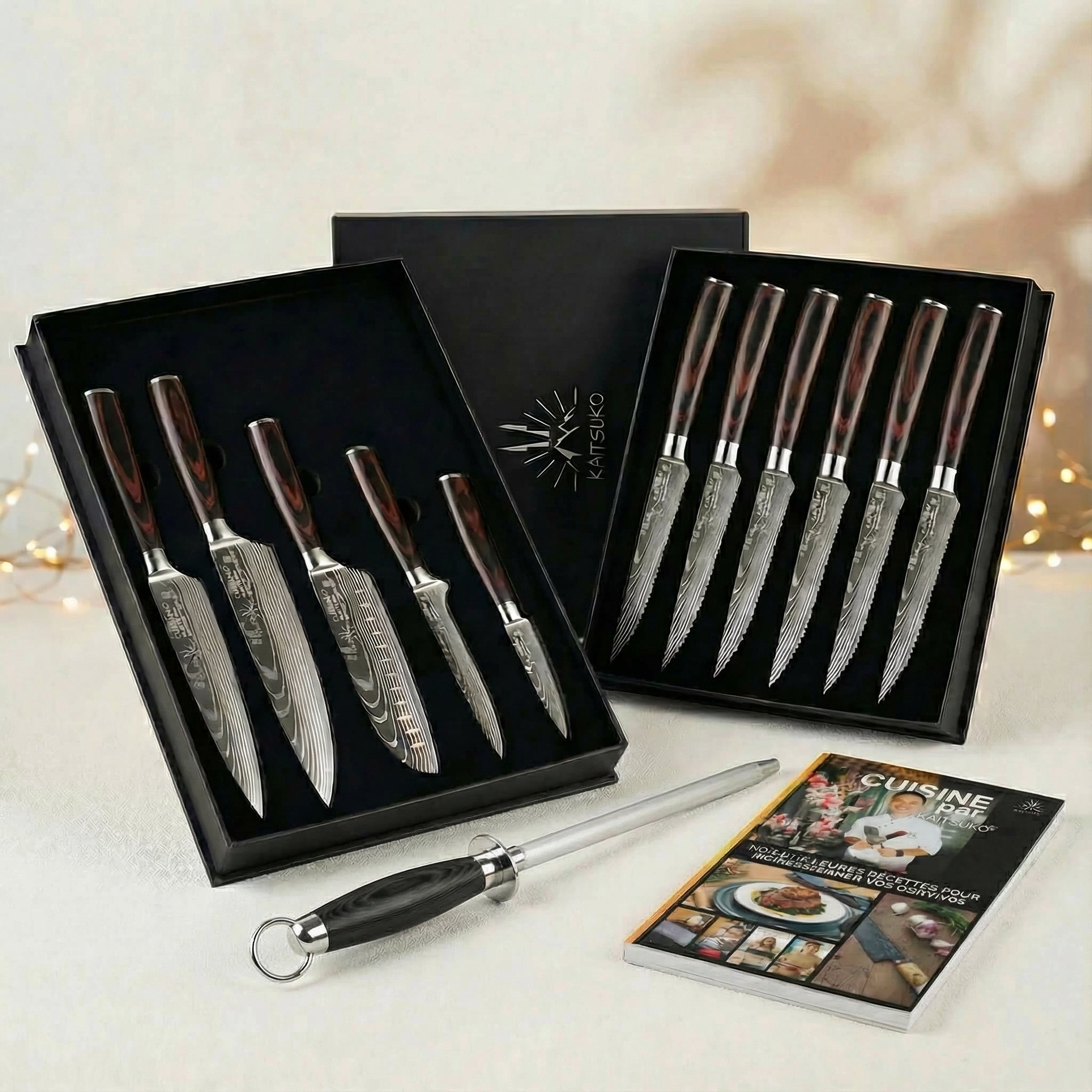 Pack Noël Passion Tanaka Wood (6 couteaux à Steak + 5 couteaux japonais + 1 aiguiseur pro + 1 livre Kaitsuko offert)
