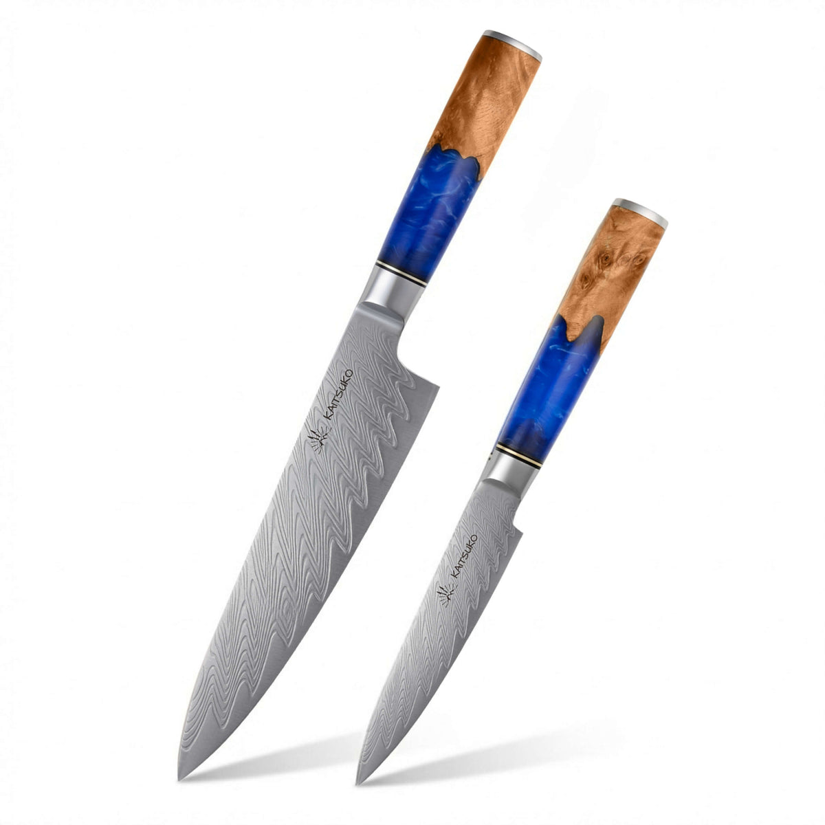 Set de 2 couteaux acier damas Mer Jaune manche bleu et bois