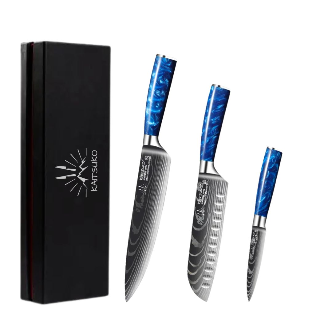 Set de 3 couteaux de cuisine japonais en acier 7cr17 manche bleu en résine