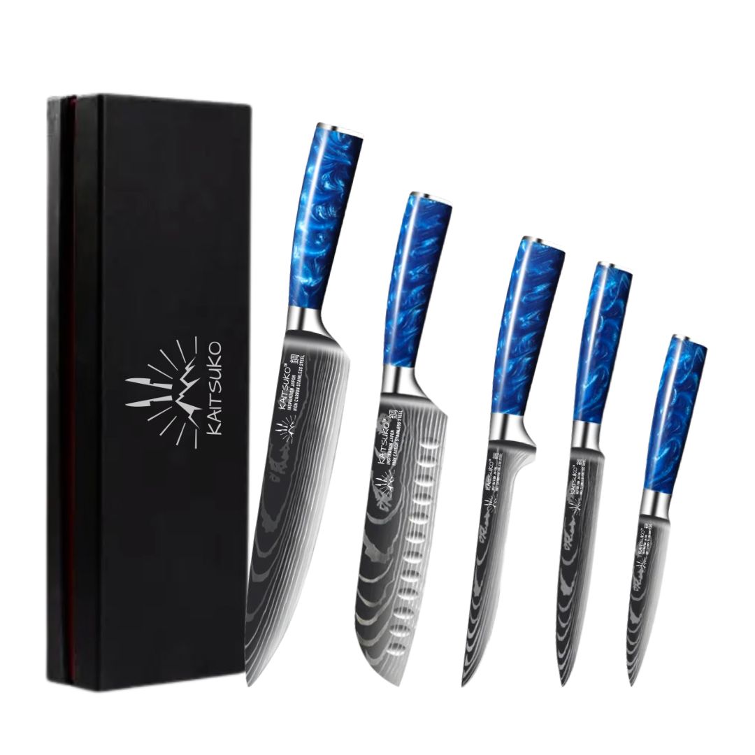 Set de 5 couteaux japonais lame en acier 7cr17 manche en résine bleu