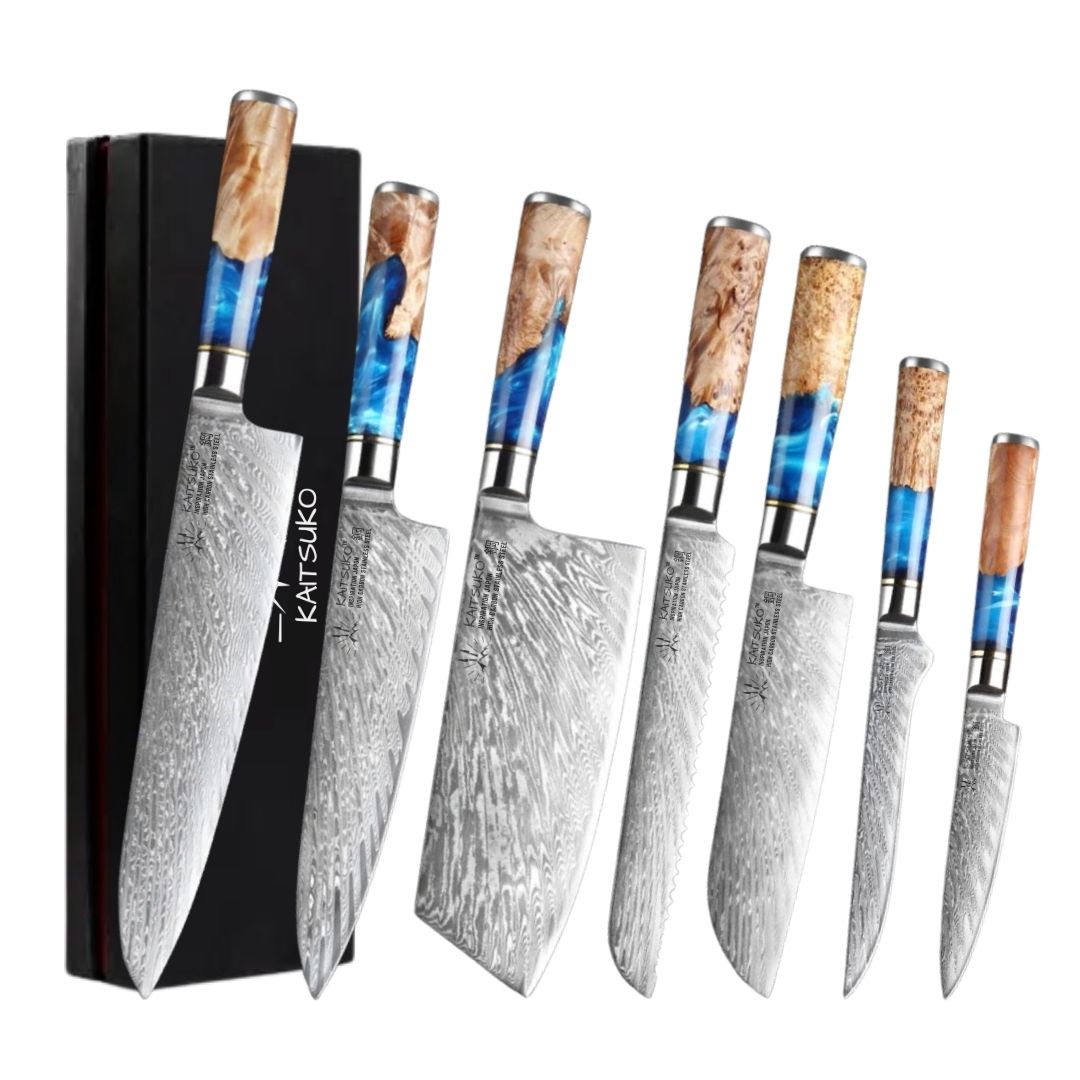 Set de 7 couteaux de cuisine japonais acier damas 67 couches Série Mer Jaune