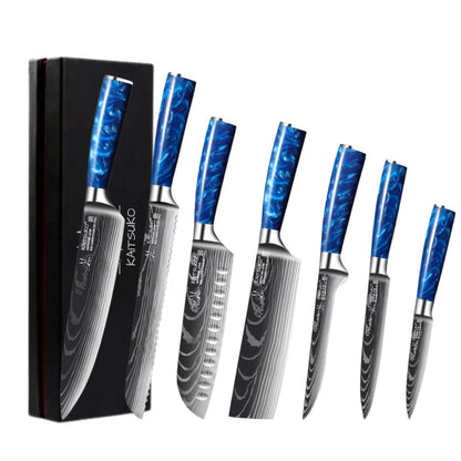 Set de 7 couteaux de cuisine japonais manche bleu acier 7cr17 usage quotidien