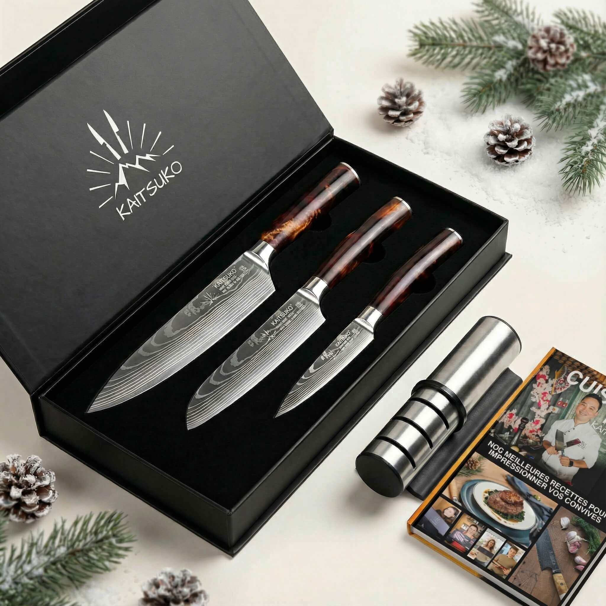 Pack Noël Amateur de Cuisine - Tanaka Terre de Feu  (3 couteaux japonais + 1 aiguiseur pro + 1 livre offert)