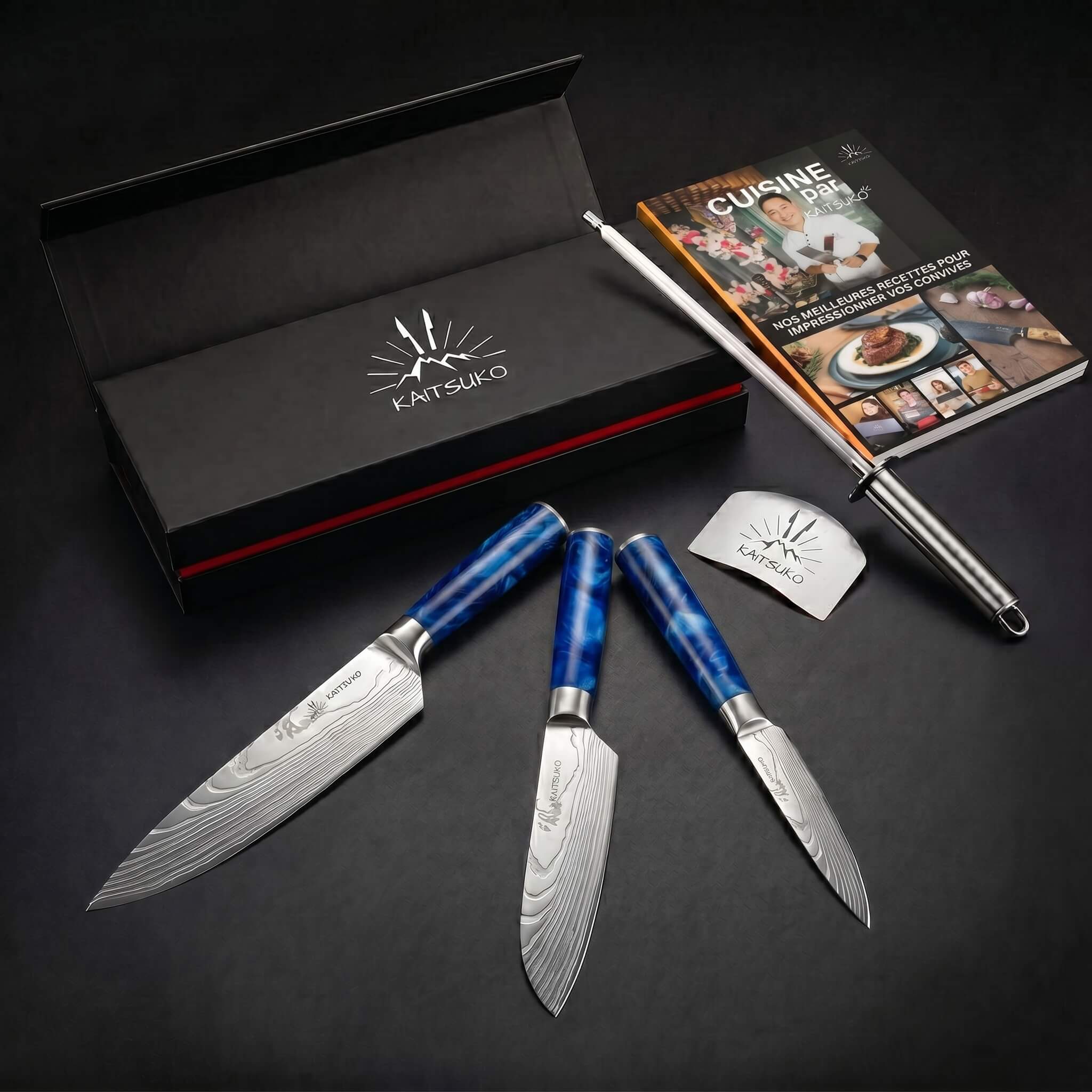 Pack Fête des Mères (3 couteaux japonais + 1 aiguiseur pro + 1 protège doigt  offert + 1 elivre offert)