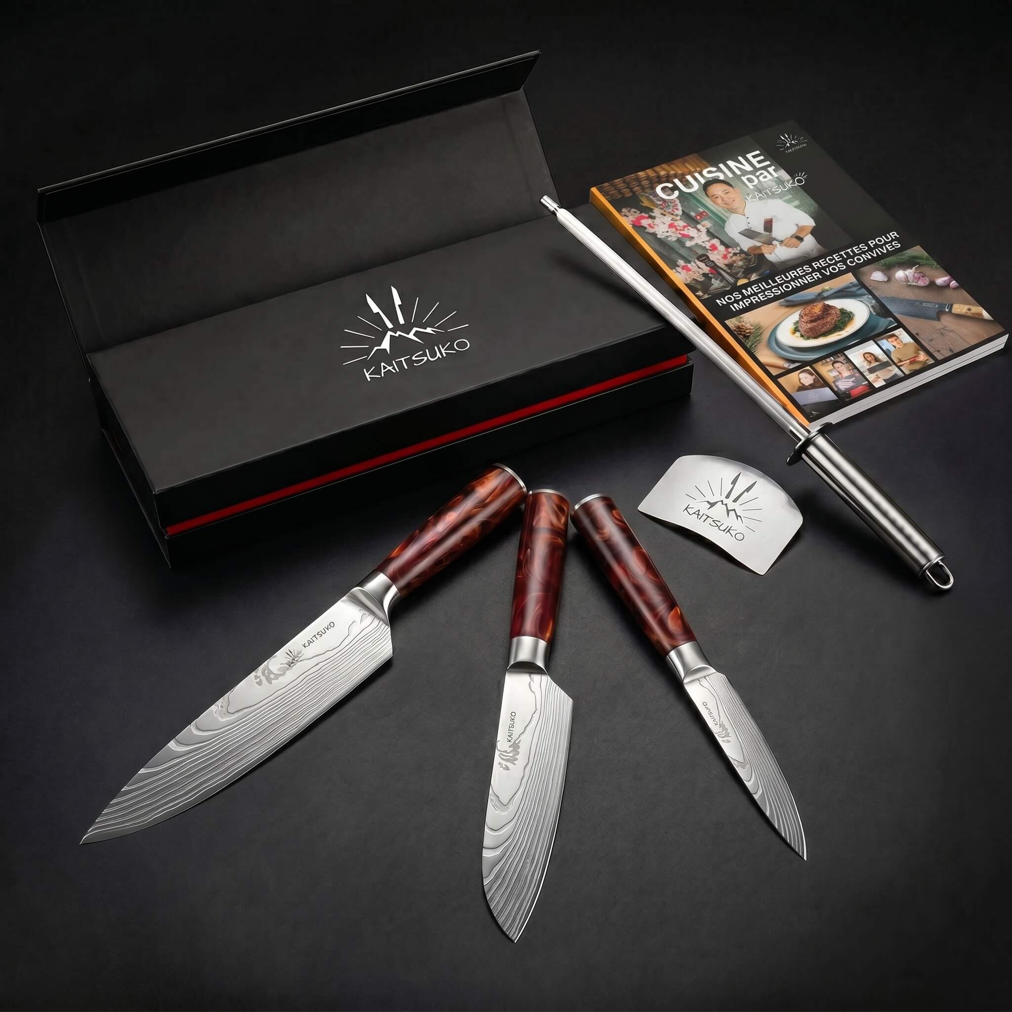 Pack Fête des Mères (3 couteaux japonais + 1 aiguiseur pro + 1 elivre offert + un protège doigt)
