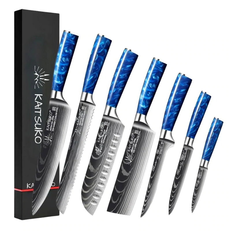 Set de couteaux japonais en acier damas bleu